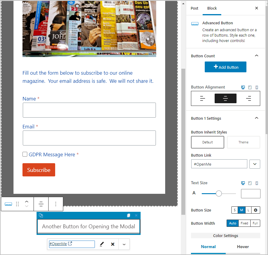 advanced button added with link target set to open id