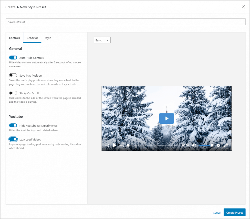 creating a new preset behavior