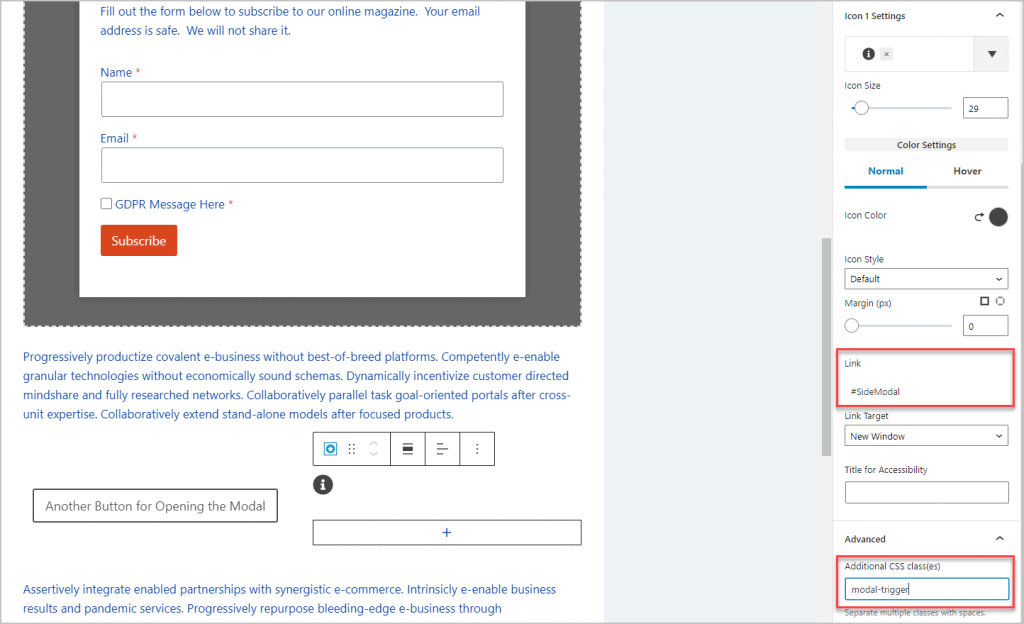 icon settings to trigger modal