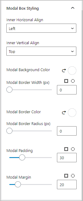 modal box styling settings