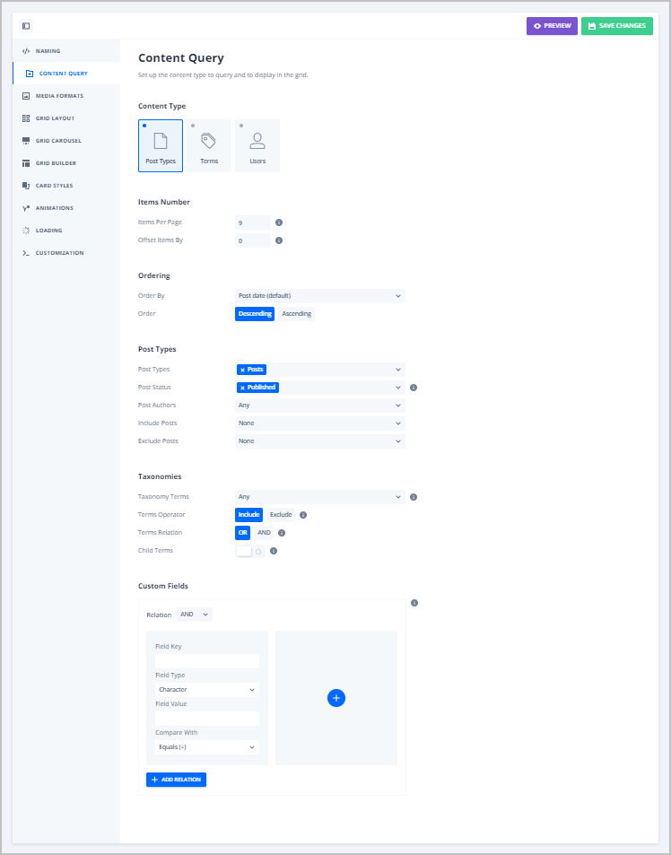 grid content query tab