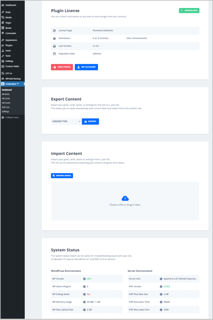 gridbuilderwp dashboard screen