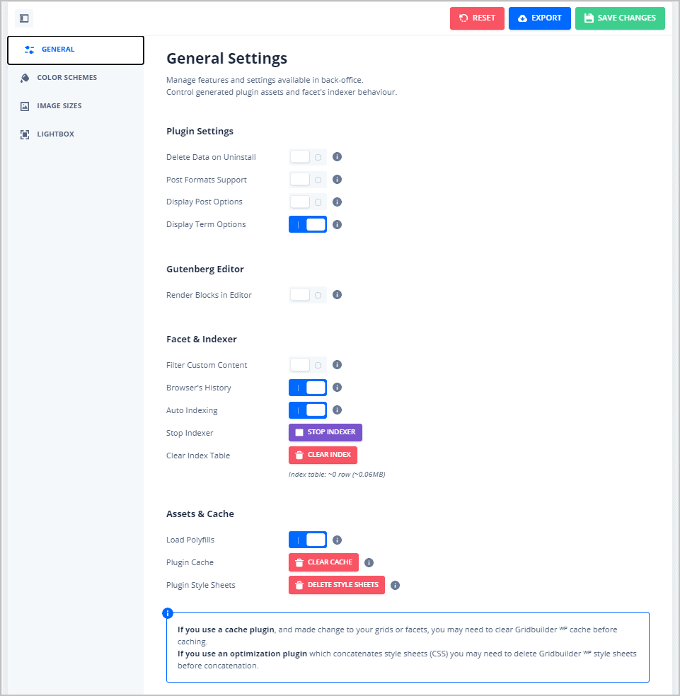gridbuilderwp general settings