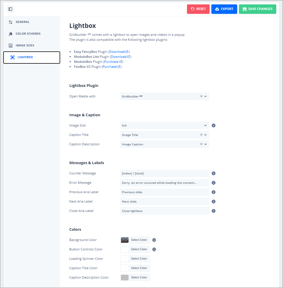 gridbuilderwp lightbox settings