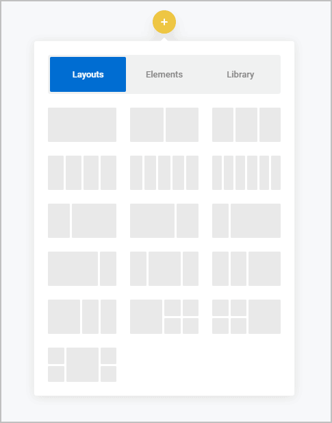 three tabs for adding layouts, elements, or predesigned content