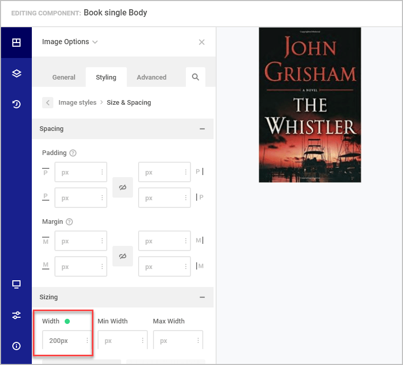 size and spacing options for the image