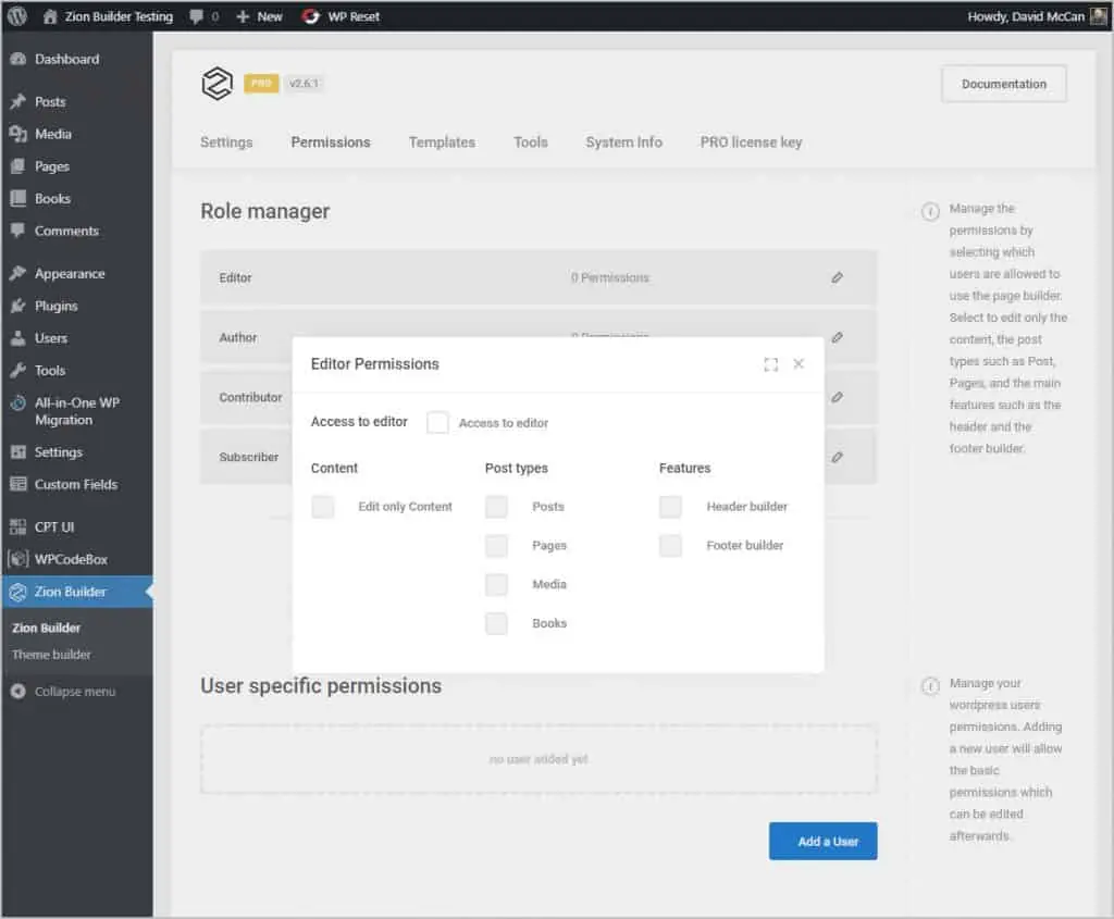 zion builder permissions screen