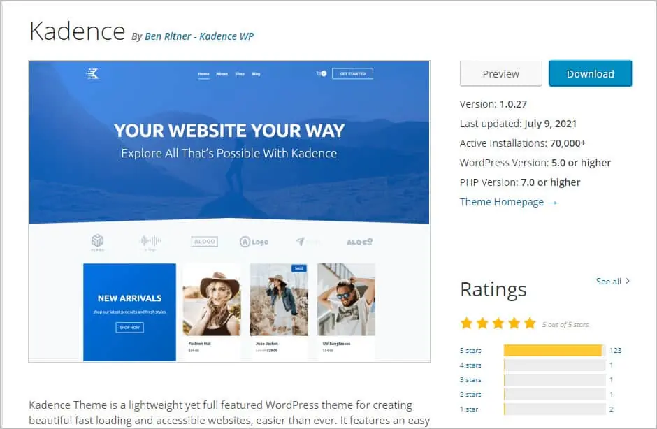 kadence theme on wordpress org