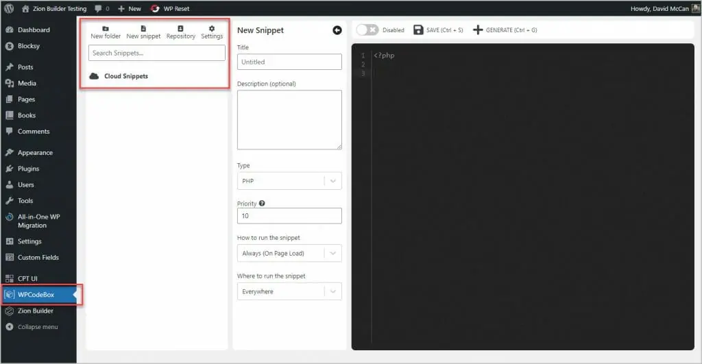 wpcodebox admin menu