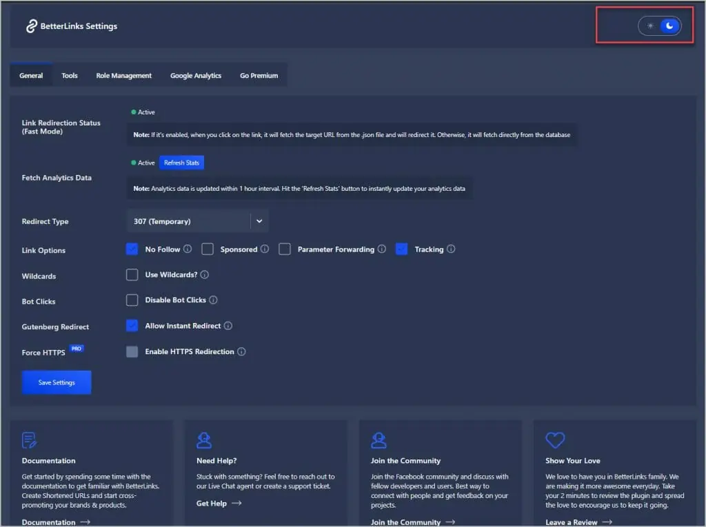 betterlinks dark mode toggle