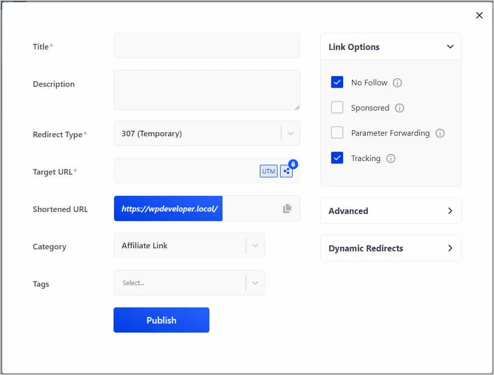 link creation dialog