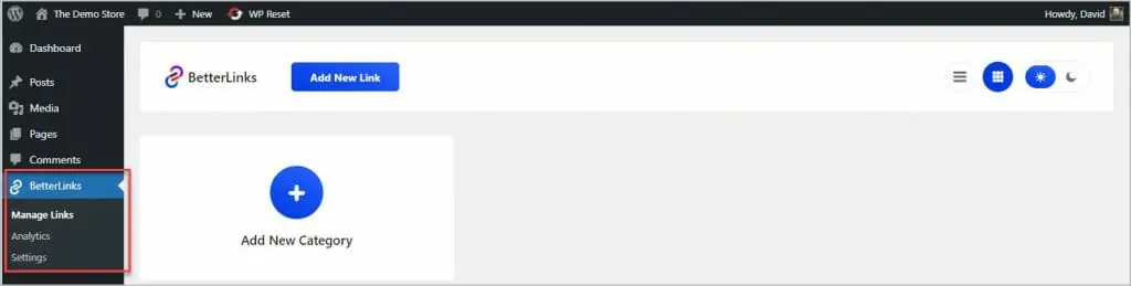 new betterlinks admin menu