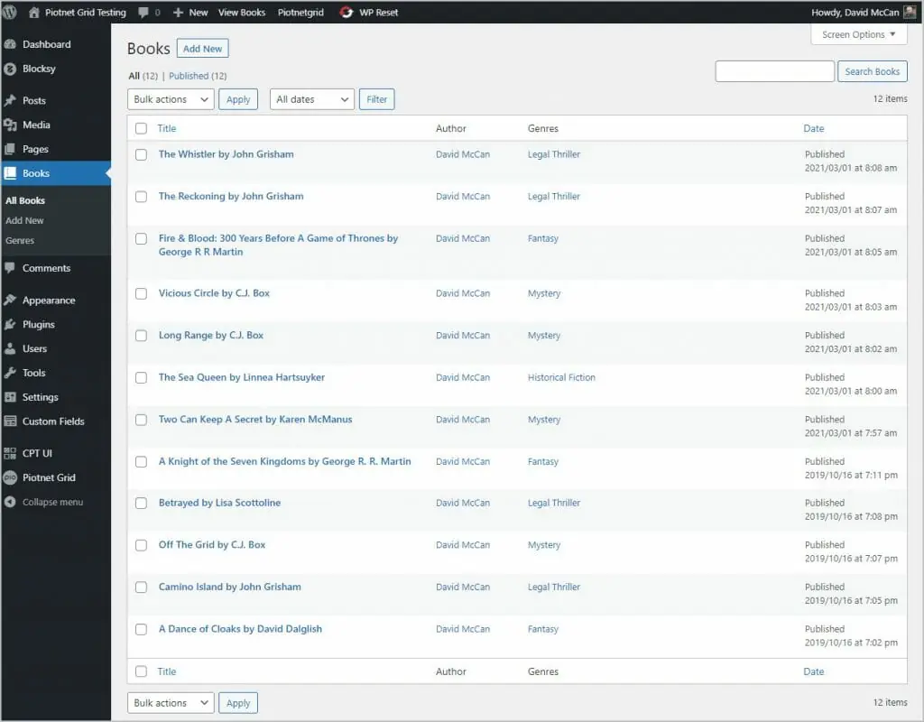 books custom post type with records