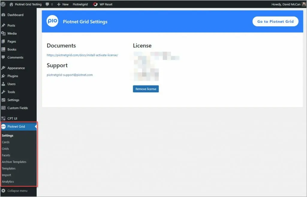 piotnet grid admin menu items