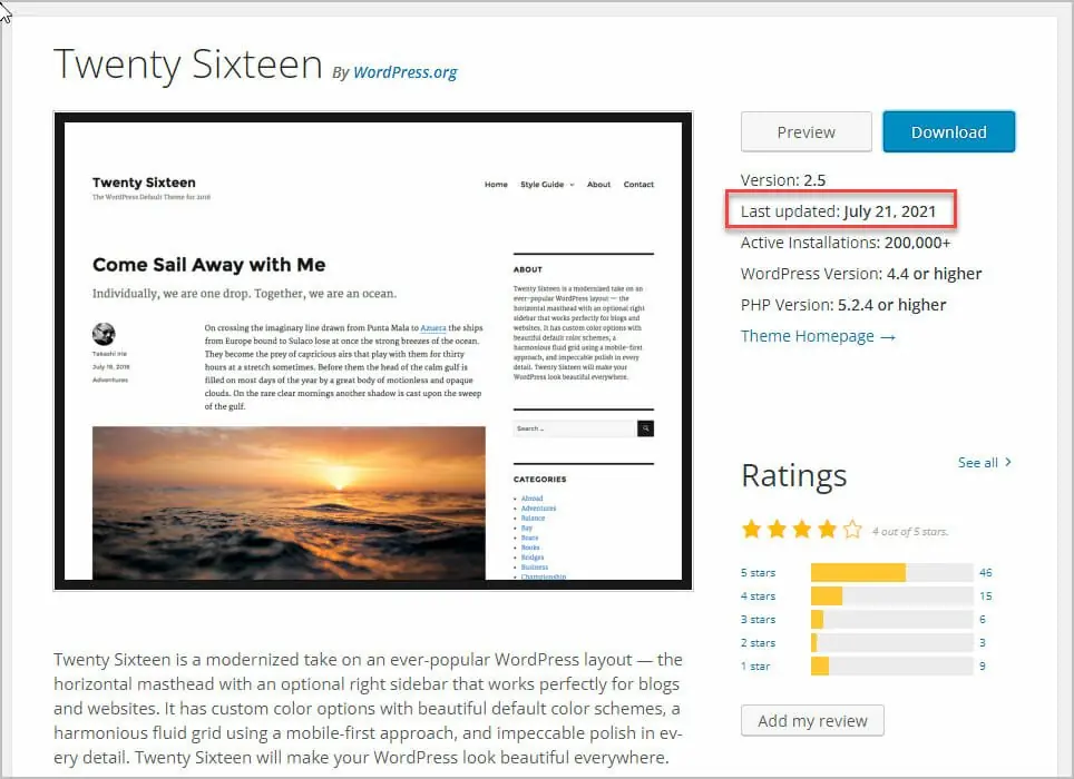 twenty sixteen theme on wordpress org