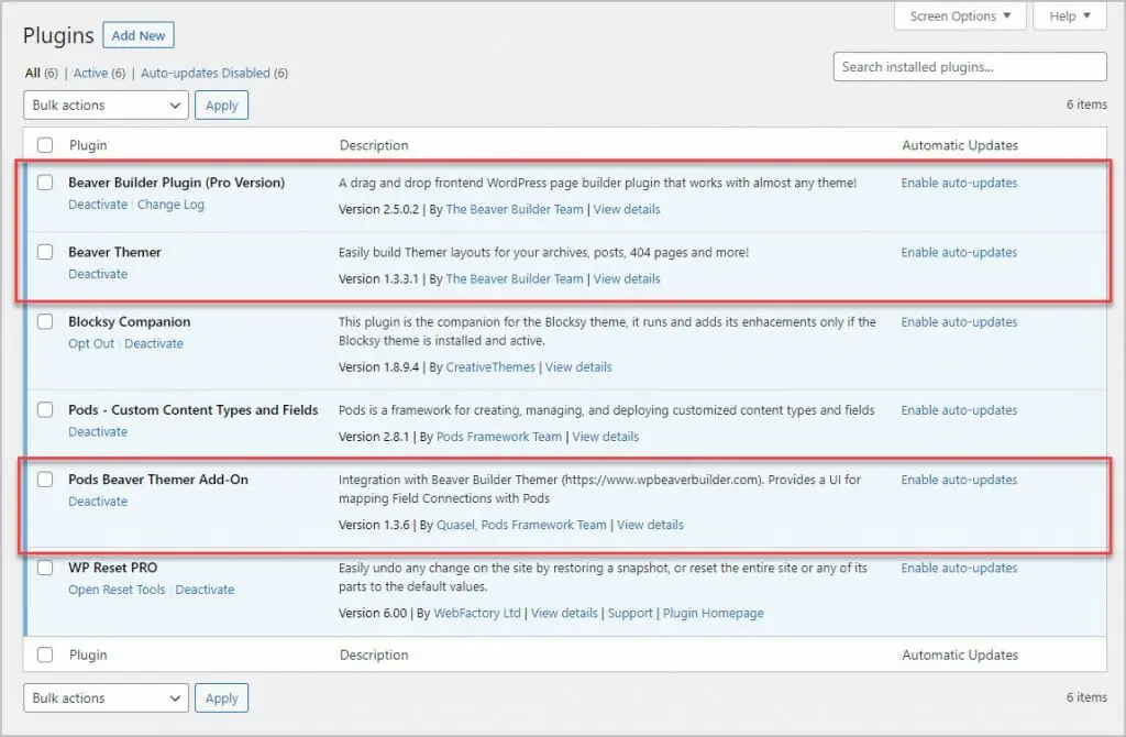 beaver builder plugins intalled