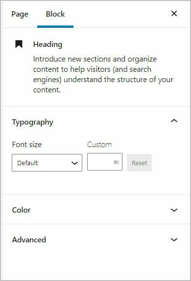 core heading block options