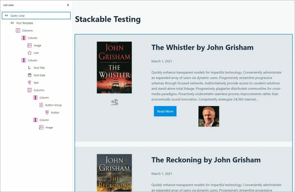 custom post type listing made with stackable and the core query loop block