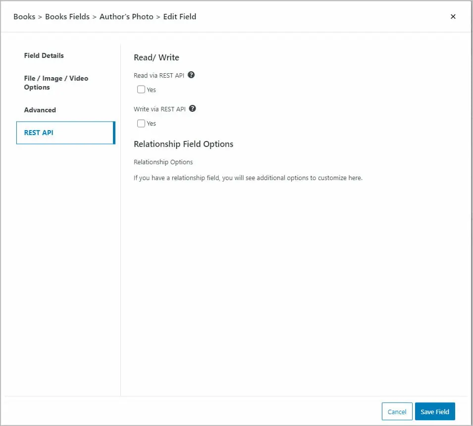 field options related to the rest api