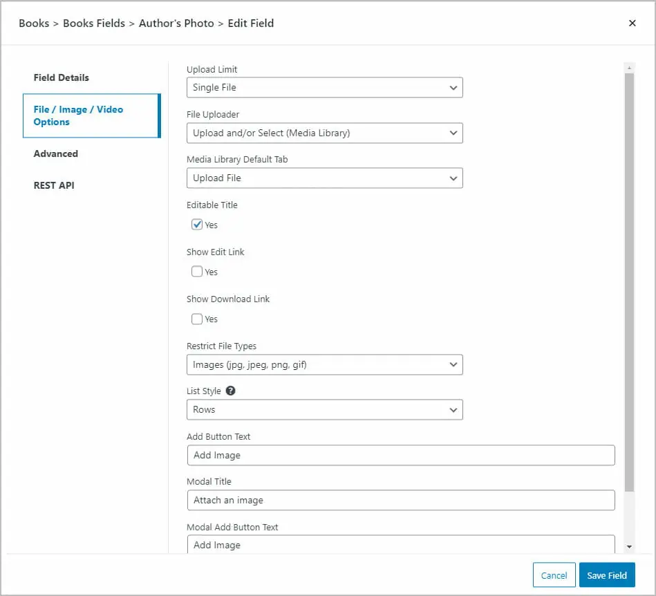 field specific options