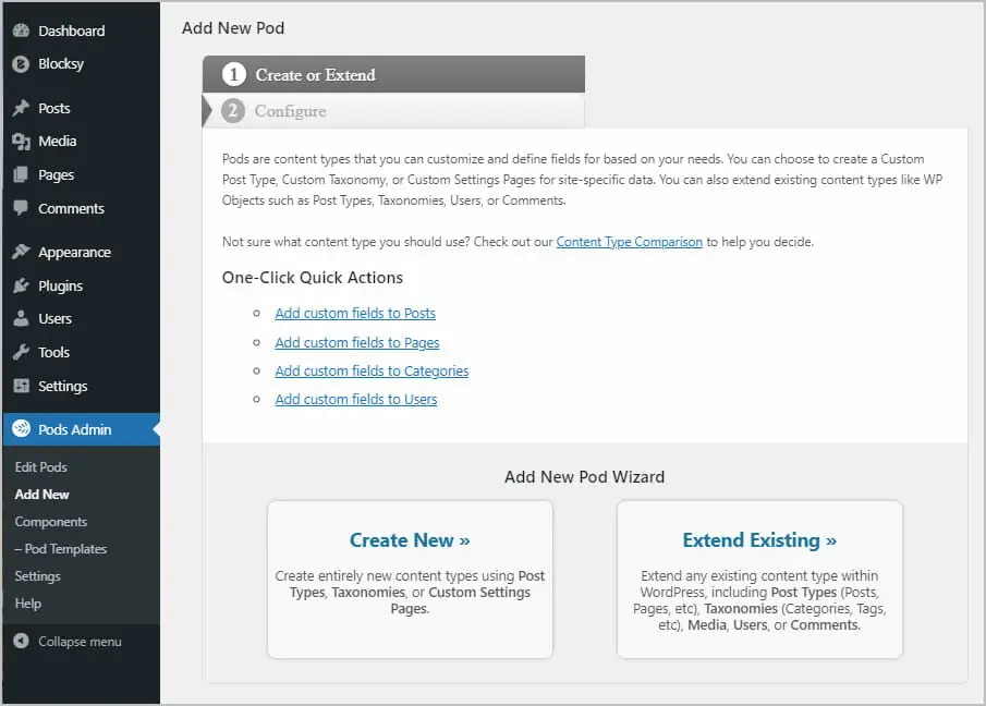 pods admin add new pod menu