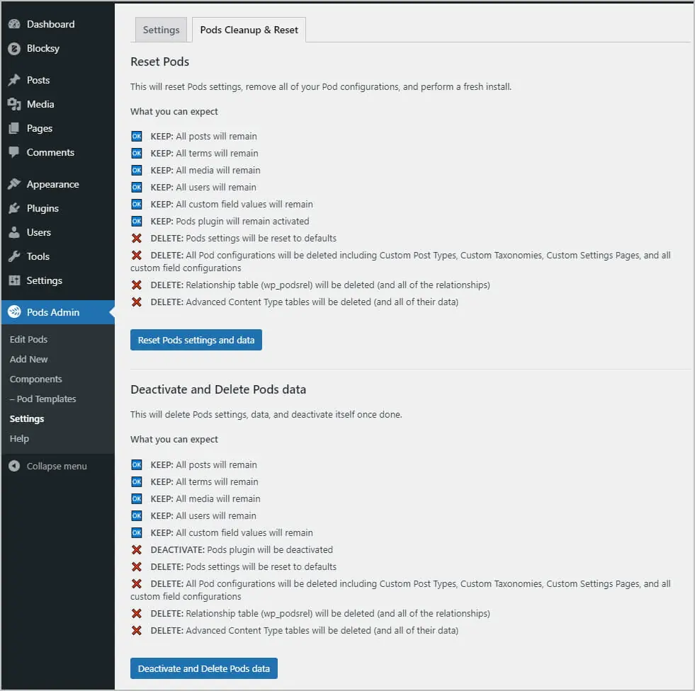 pods admin cleanup and reset menu