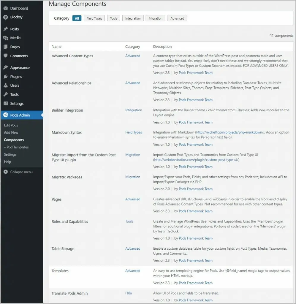 pods admin components menu