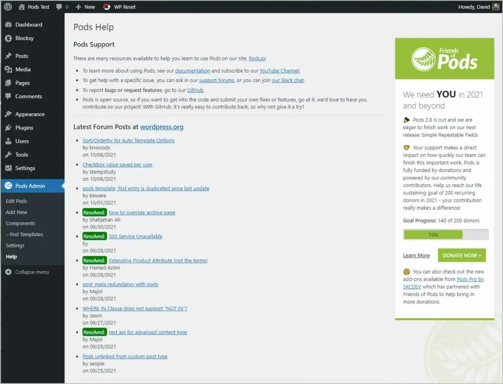 pods admin help menu