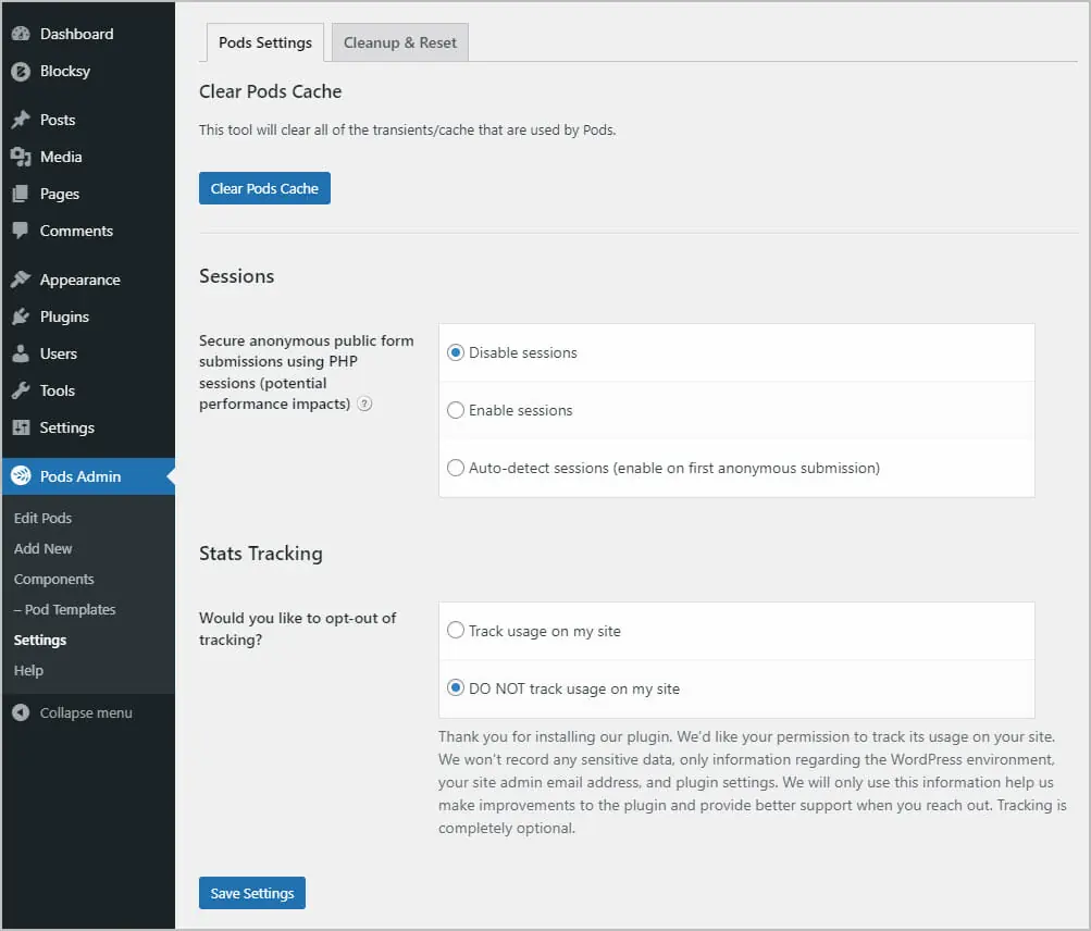 pods admin settings menu