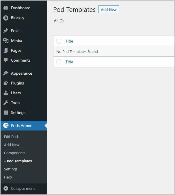 pods admin templates menu
