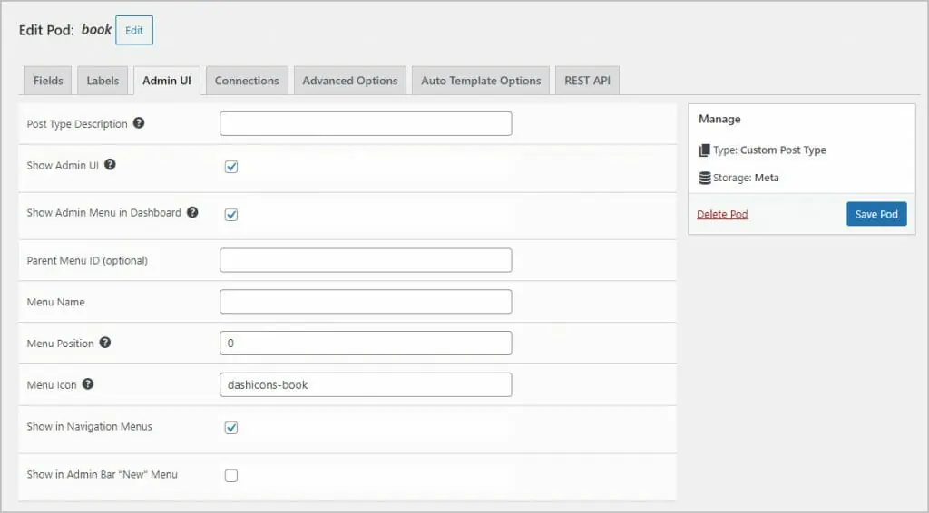 pods admin ui options