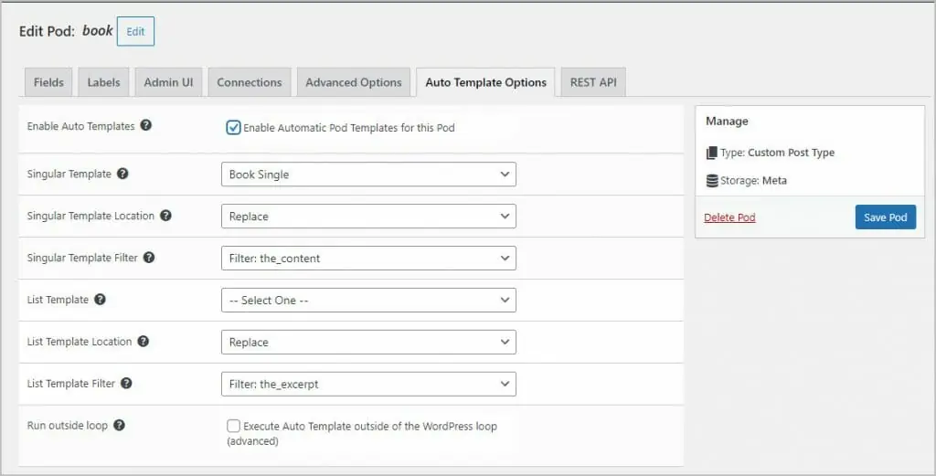 pods template options