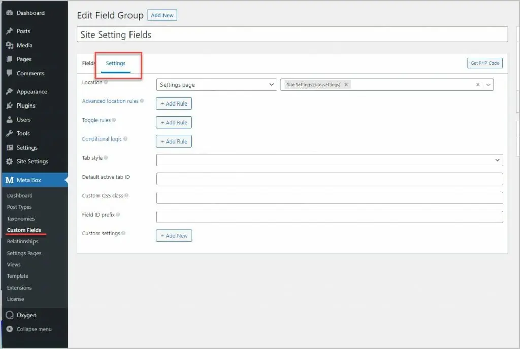 settings tab of edit field group page