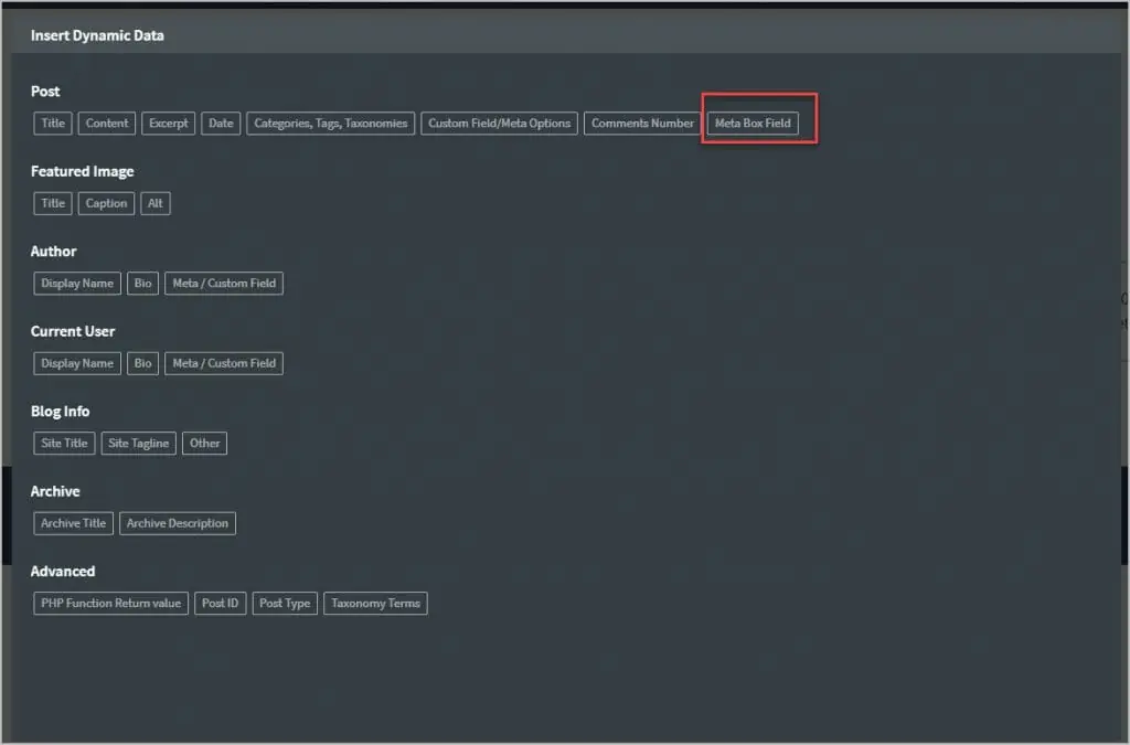 showing the types of dynamic data available