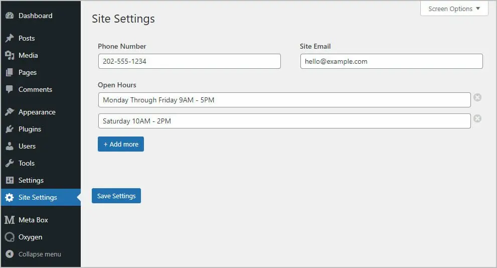 site settings page with values