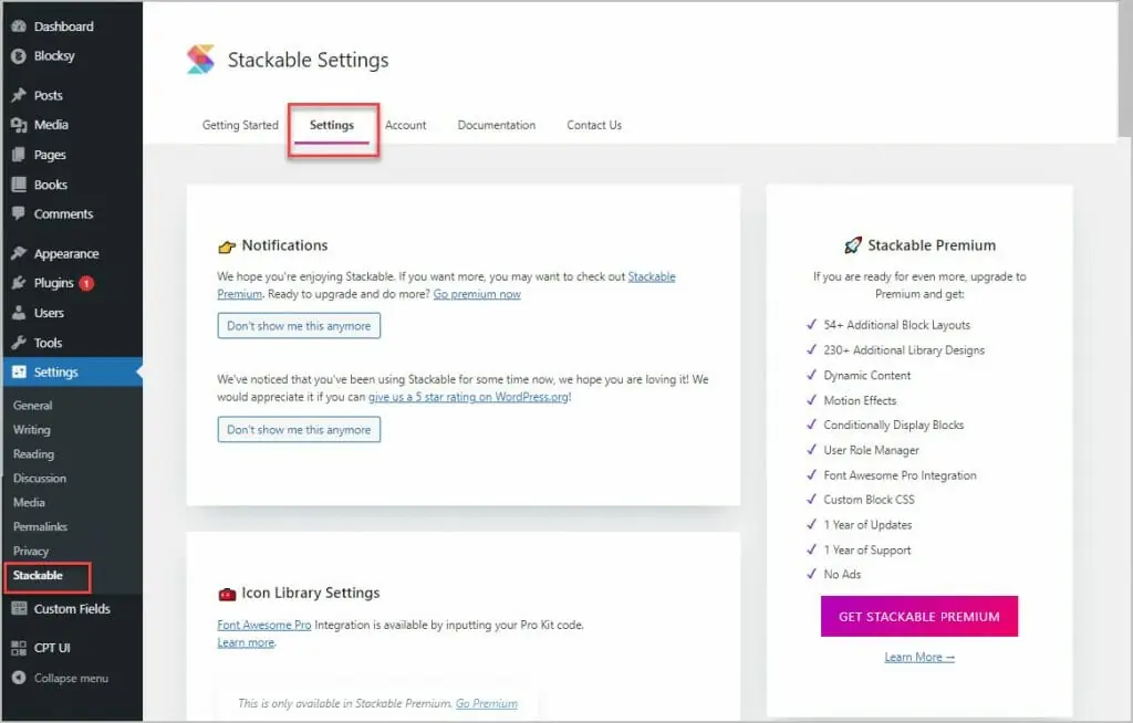stackable settings page