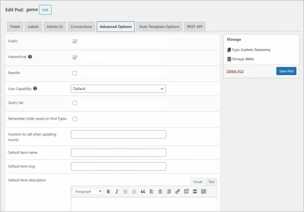 taxonomy advanced options tab