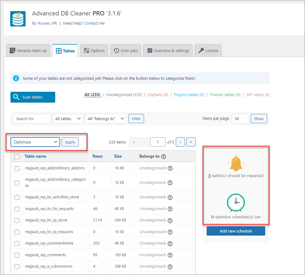 advanced db cleaner tables