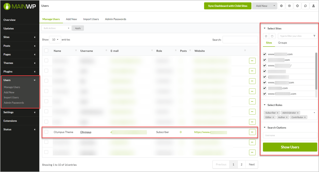mainwp user search result