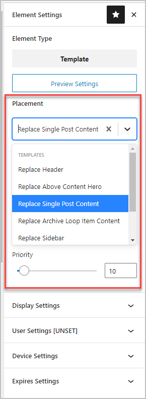 template placement option