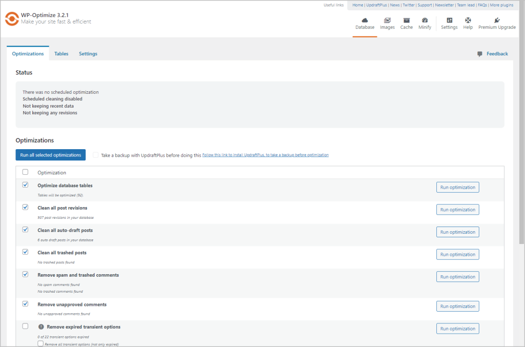 wp optimize optimizations