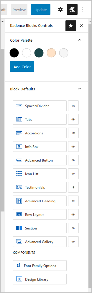 kadence block default settings