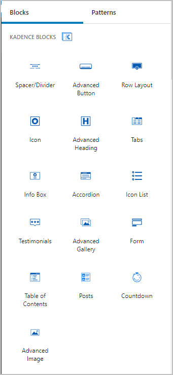 kadence blocks free list in editor