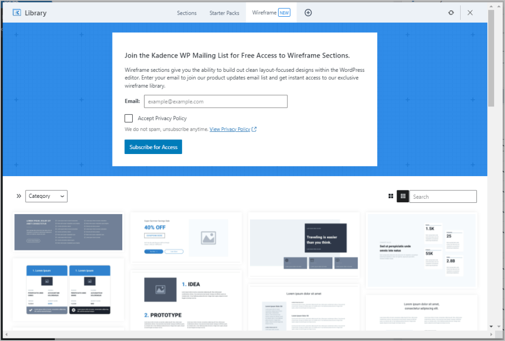kadence wireframe blocks