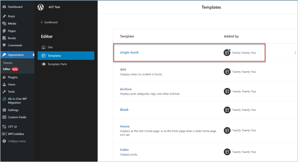 book template in fse tempate list