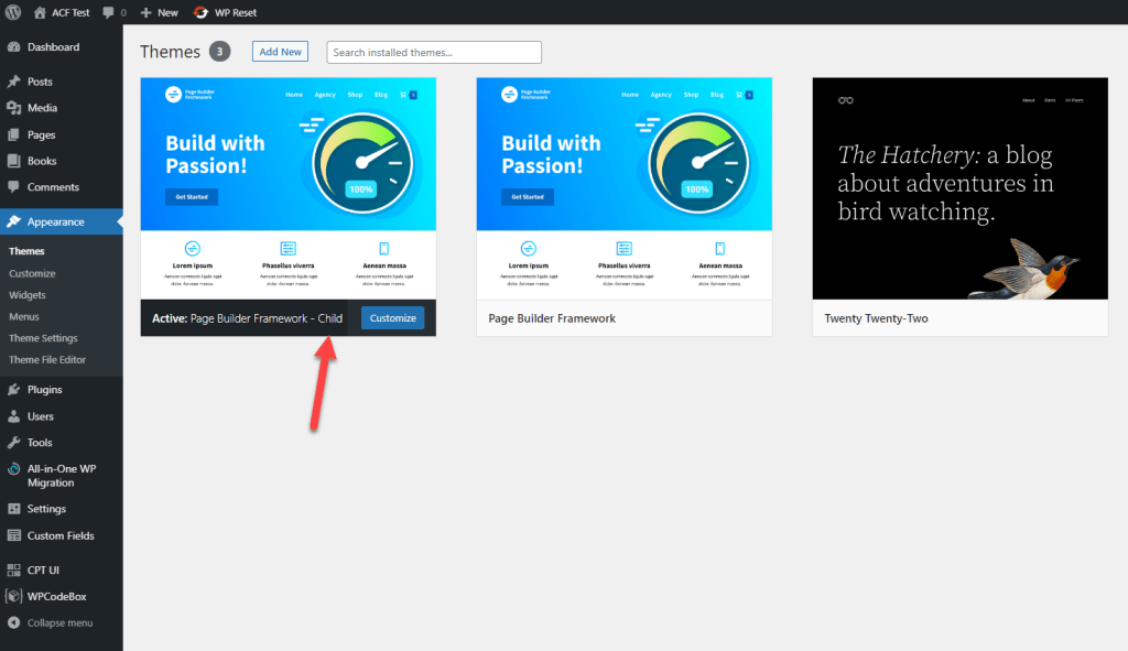using the page builder frameowrk child theme