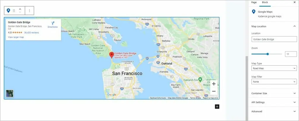 google maps block added to page