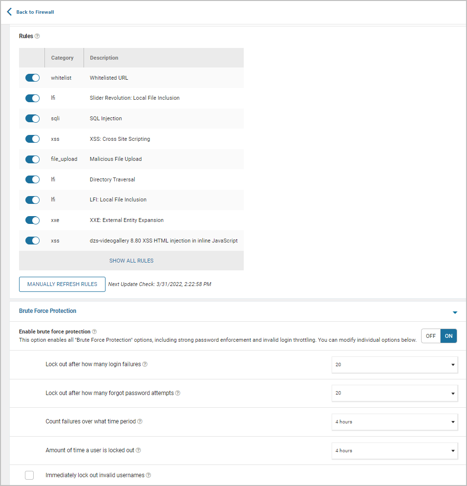 wordfence firewall detailed settings