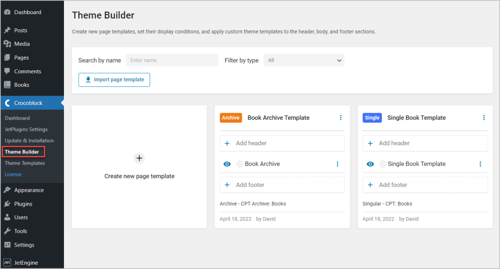 jetthemecore new theme builder area