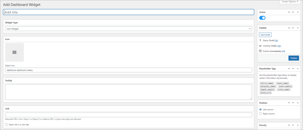 add dashboard widget screen